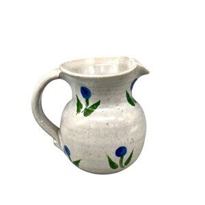 Handmade Vintage Burnett Pottery Creamer Pitcher Blue Floral Cottagecore 3"H